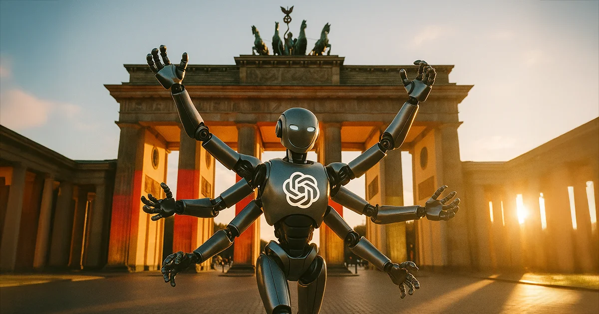 Ein OpenAI KI Roboter vor dem Brandenburger Tor